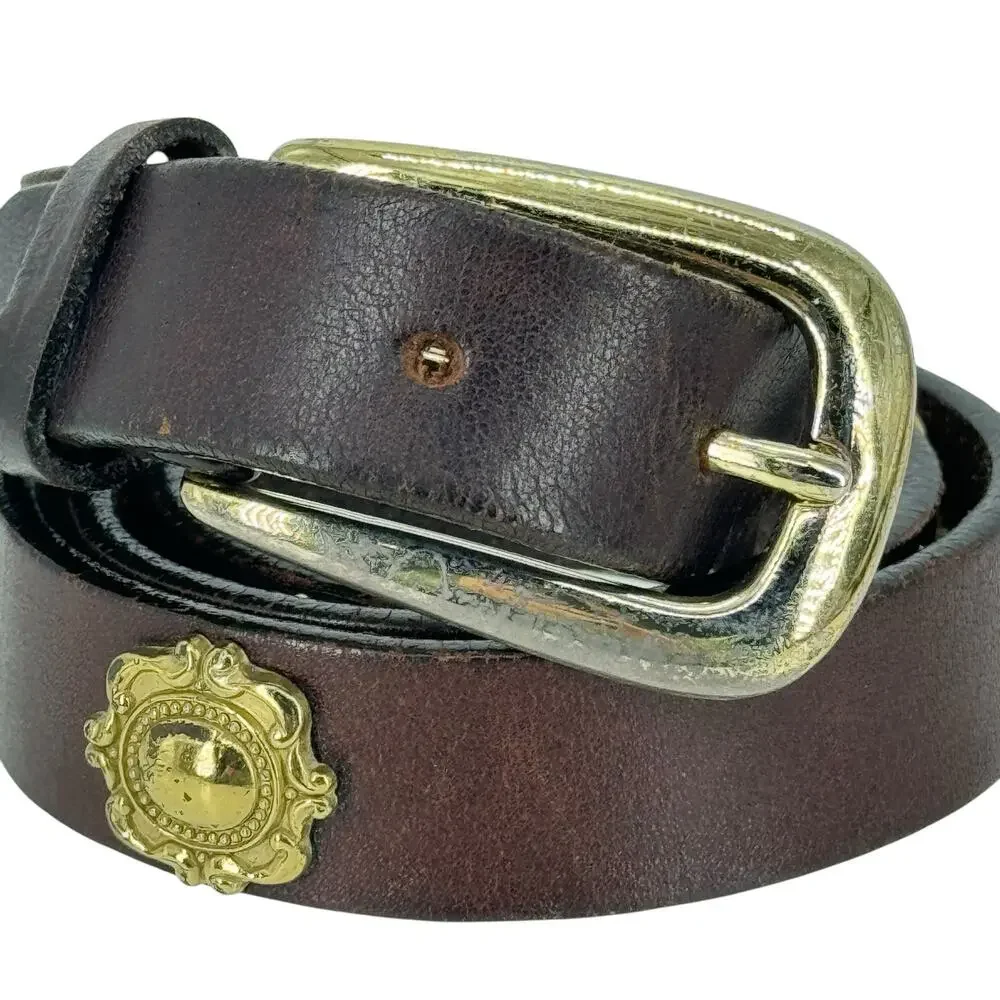 Vintage Donna Katz Women’s Skinny Belt SZ L Brown Medallion Bold 80s Unique Mod